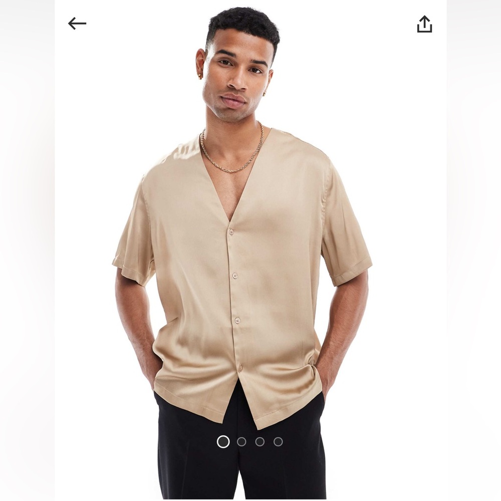 ASOS Beige Short Sleeve V-Neck Button Down Shirt
